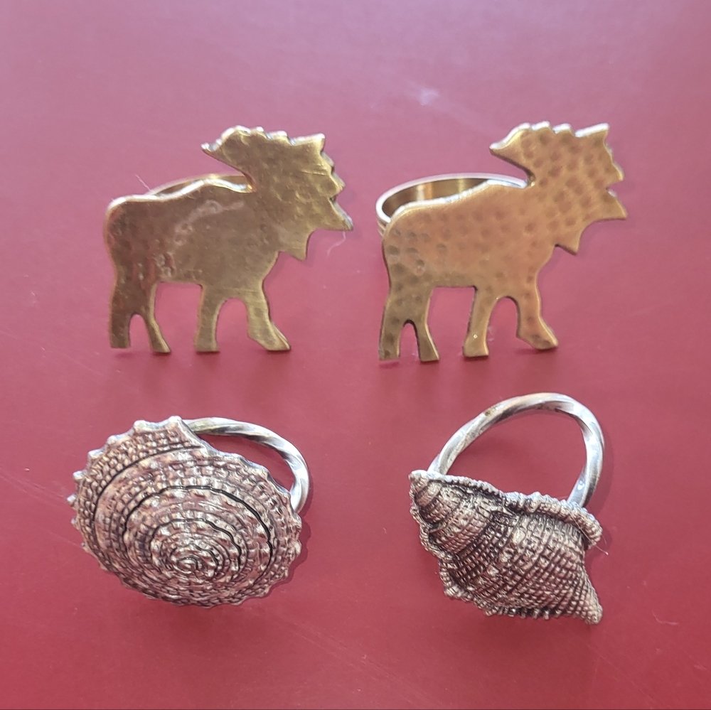 Vintage Brass Reindeer Moose Elk And Sea Shells Napkin Rings Holders